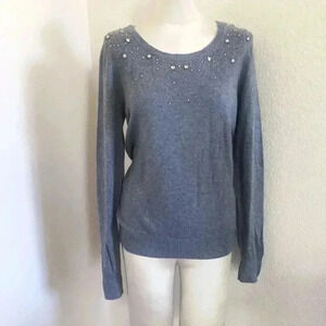 Loft Gray Jeweled Rhinestone Crew Neck Sweater
